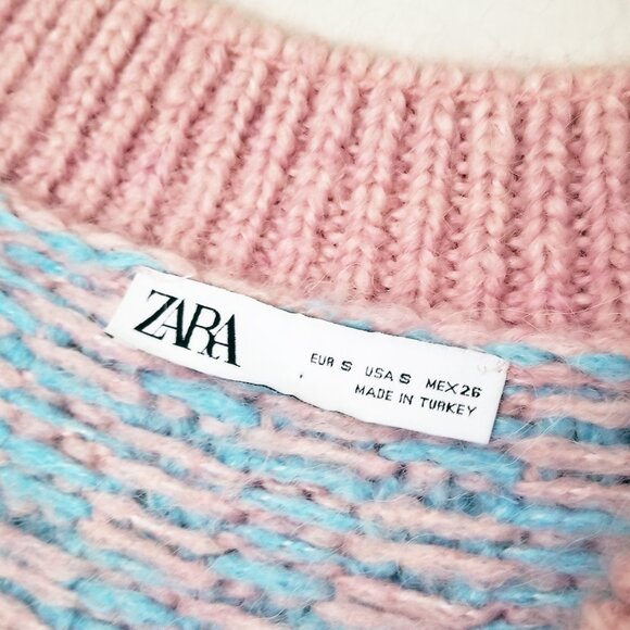 Zara Pink Blue Wool Blend Knit Vest V-neckline Checkerboard S Preppy Classic - Picture 9 of 15